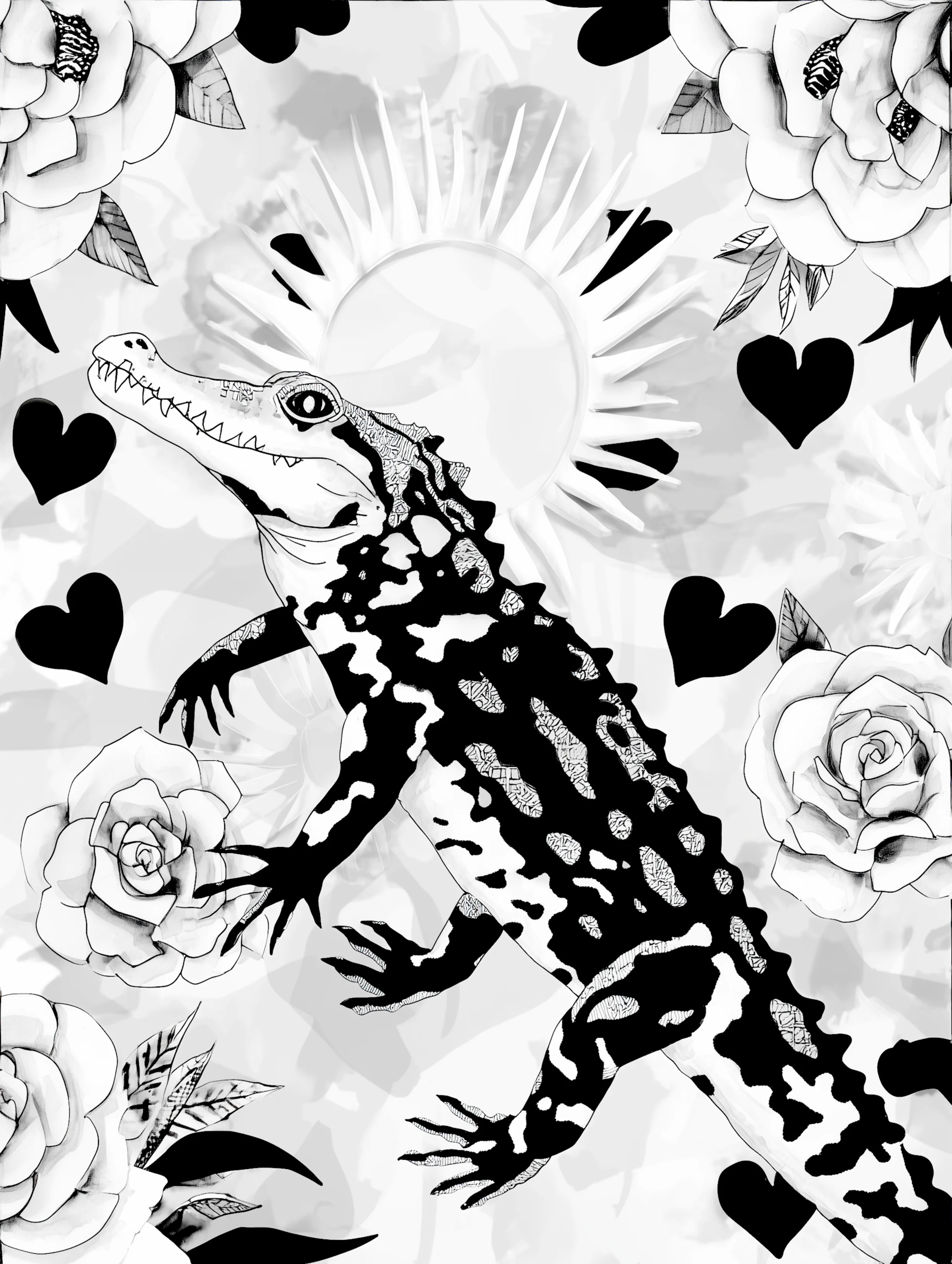 Free printable crocodile coloring pages for adults featuring diagonal crocodile with hearts and sun